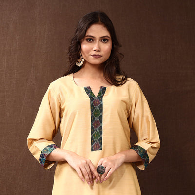 Beige - Cream - Silk Plain Long Straight Kurta