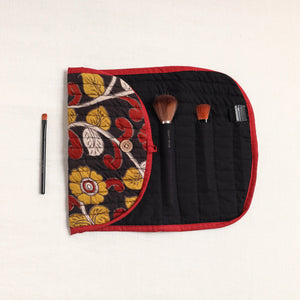 Black - Kalamkari Fabric Multipurpose Segmented Make-up Brush Wrap Pouch/Case