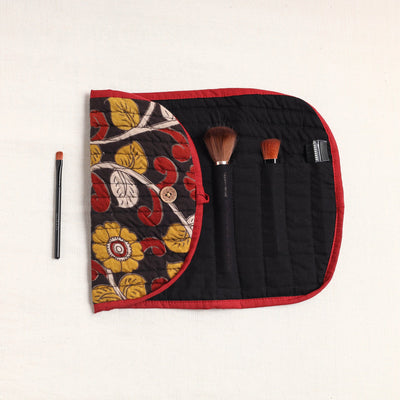 Black - Kalamkari Fabric Multipurpose Segmented Make-up Brush Wrap Pouch/Case
