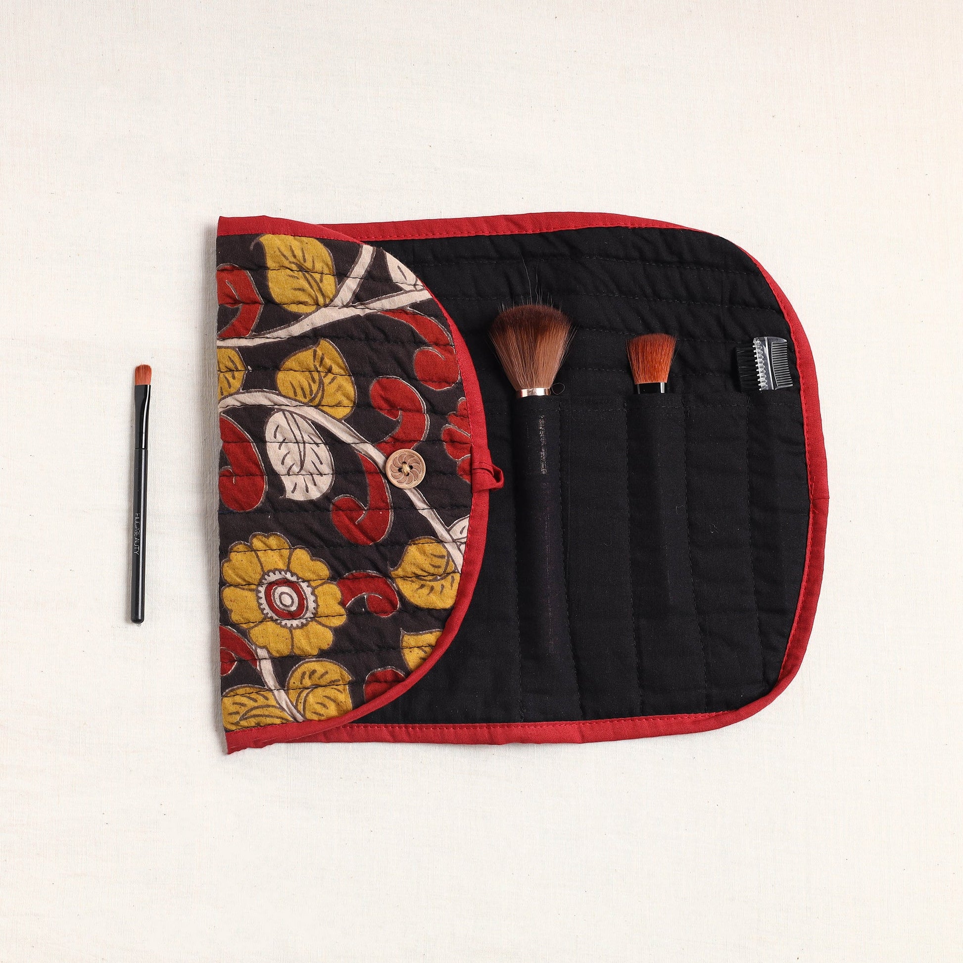 Black - Kalamkari Fabric Multipurpose Segmented Make-up Brush Wrap Pouch/Case