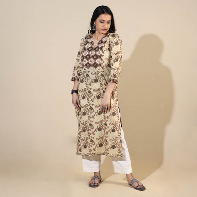 Beige - Bagru Hand Block Printed Cotton Long Kurta