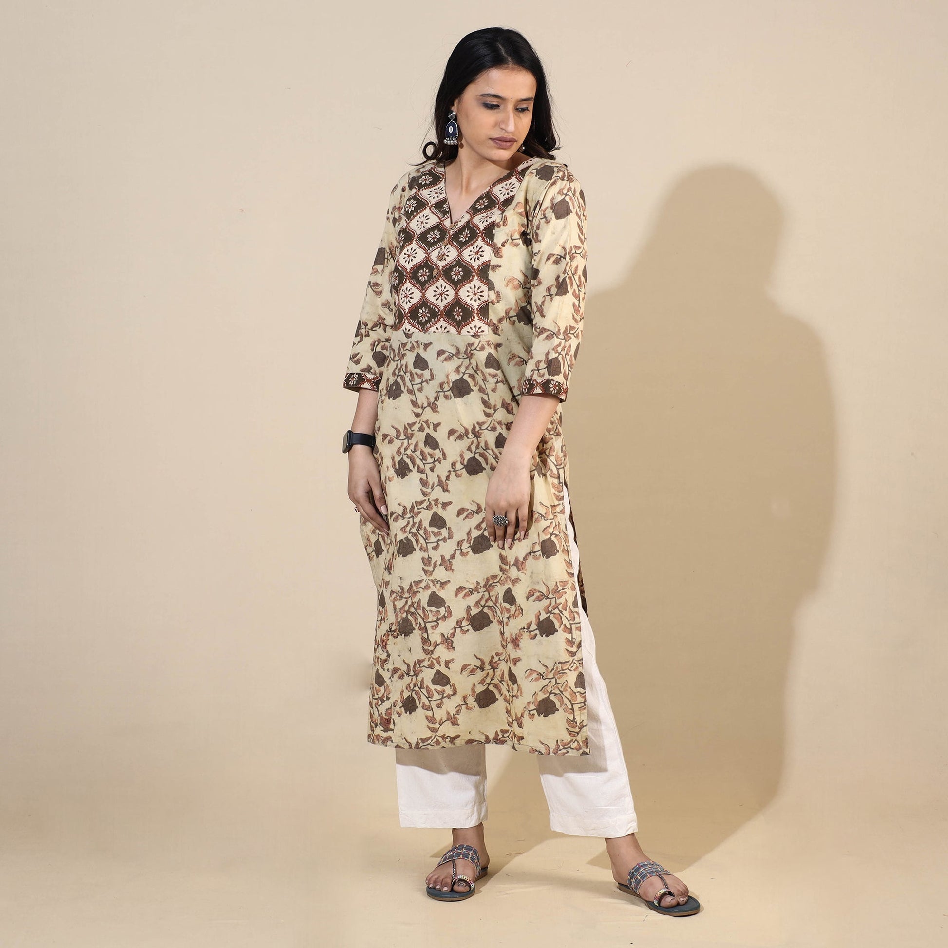 Beige - Bagru Hand Block Printed Cotton Long Kurta