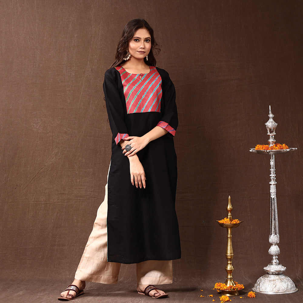 Black - Silk Plain Long Straight Kurta