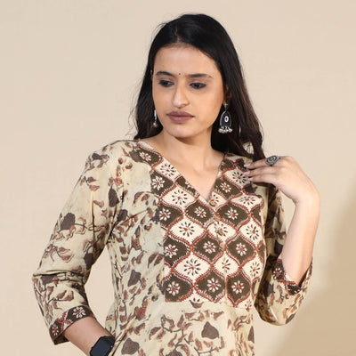 Beige - Bagru Hand Block Printed Cotton Long Kurta