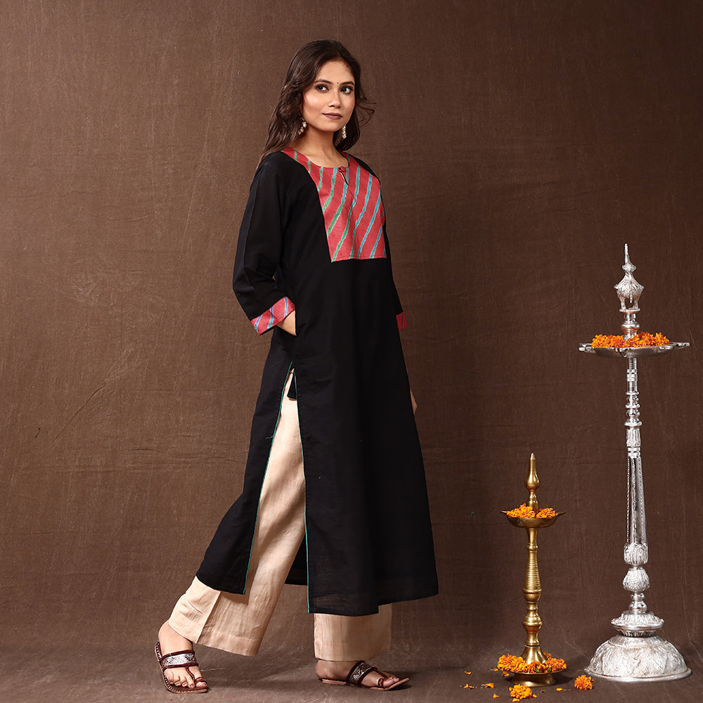 Black - Silk Plain Long Straight Kurta