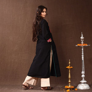 Black - Silk Plain Long Straight Kurta