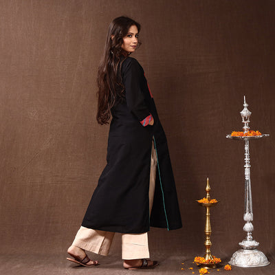 Black - Silk Plain Long Straight Kurta