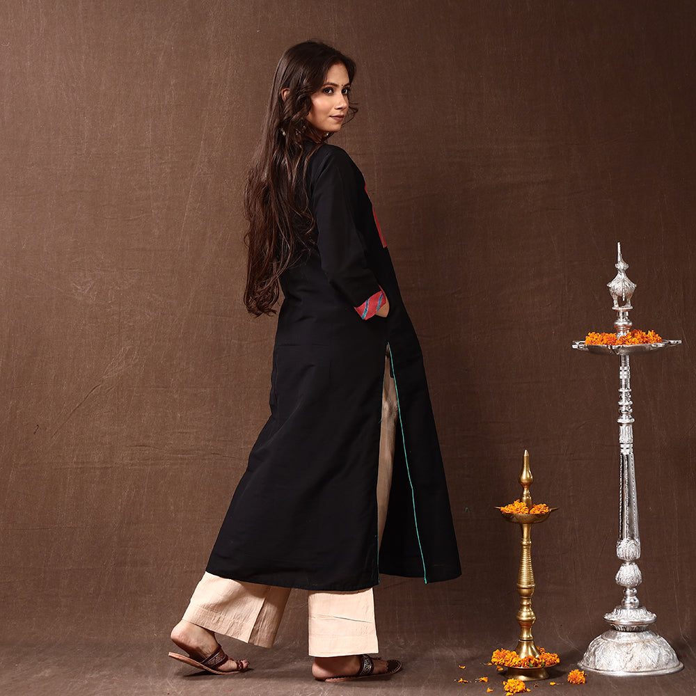 Black - Silk Plain Long Straight Kurta