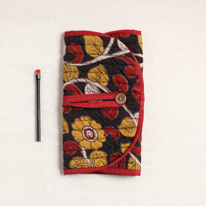 Black - Kalamkari Fabric Multipurpose Segmented Make-up Brush Wrap Pouch/Case