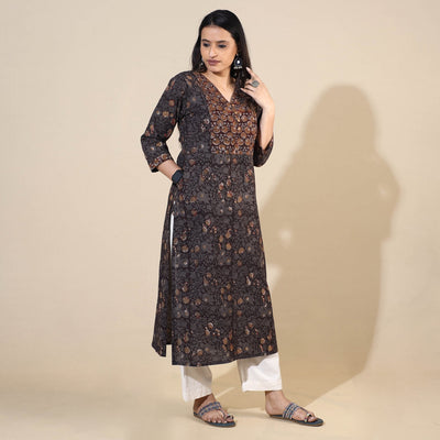 Black - Bagru Hand Block Printed Cotton Long Kurta