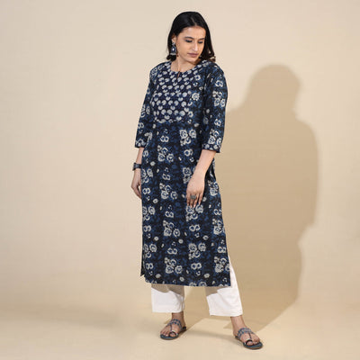 Blue - Bagru Hand Block Printed Cotton Long Kurta