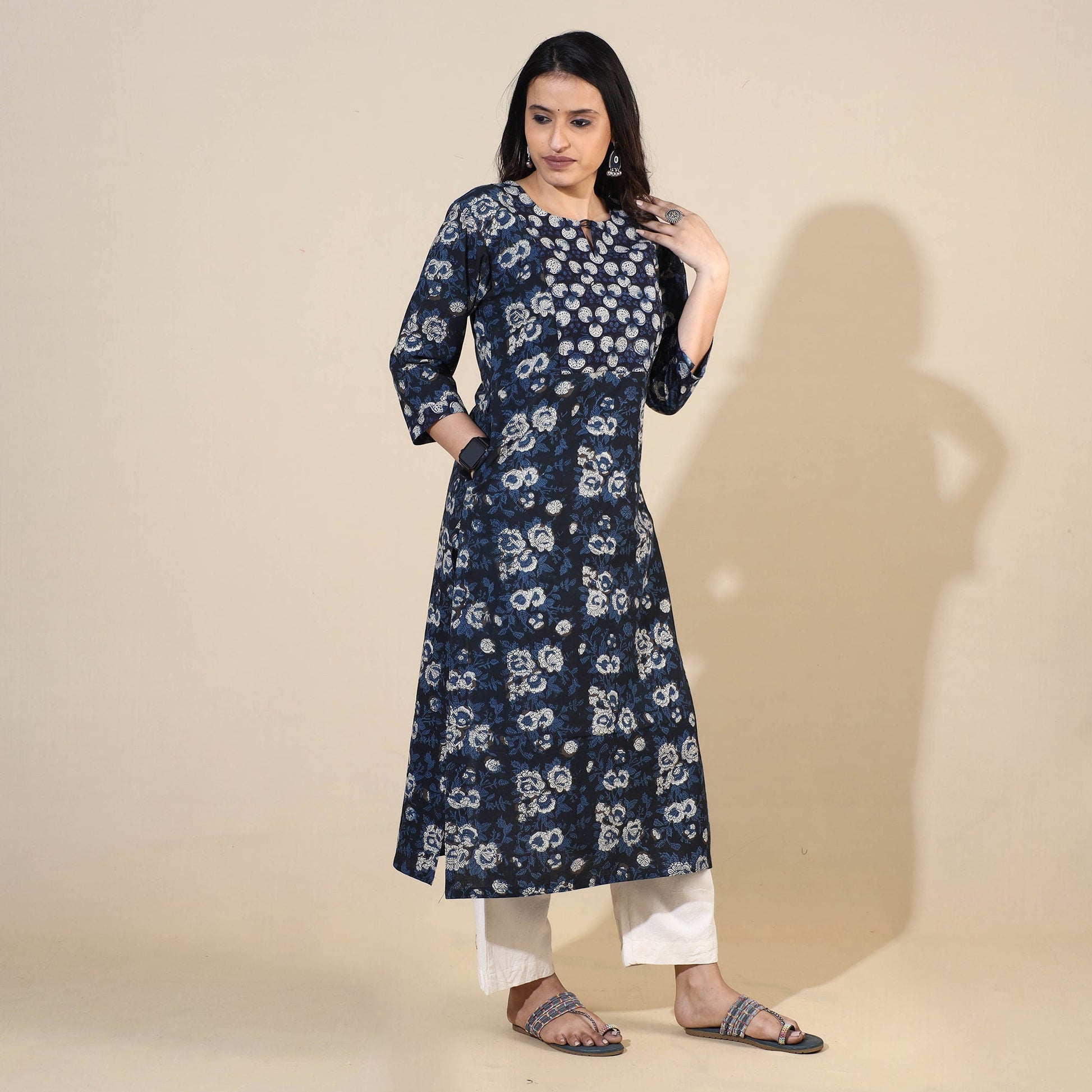 Blue - Bagru Hand Block Printed Cotton Long Kurta