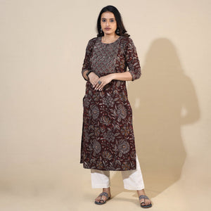 Brown - Bagru Hand Block Printed Cotton Straight Long Kurta
