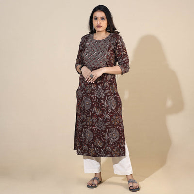 Brown - Bagru Hand Block Printed Cotton Straight Long Kurta