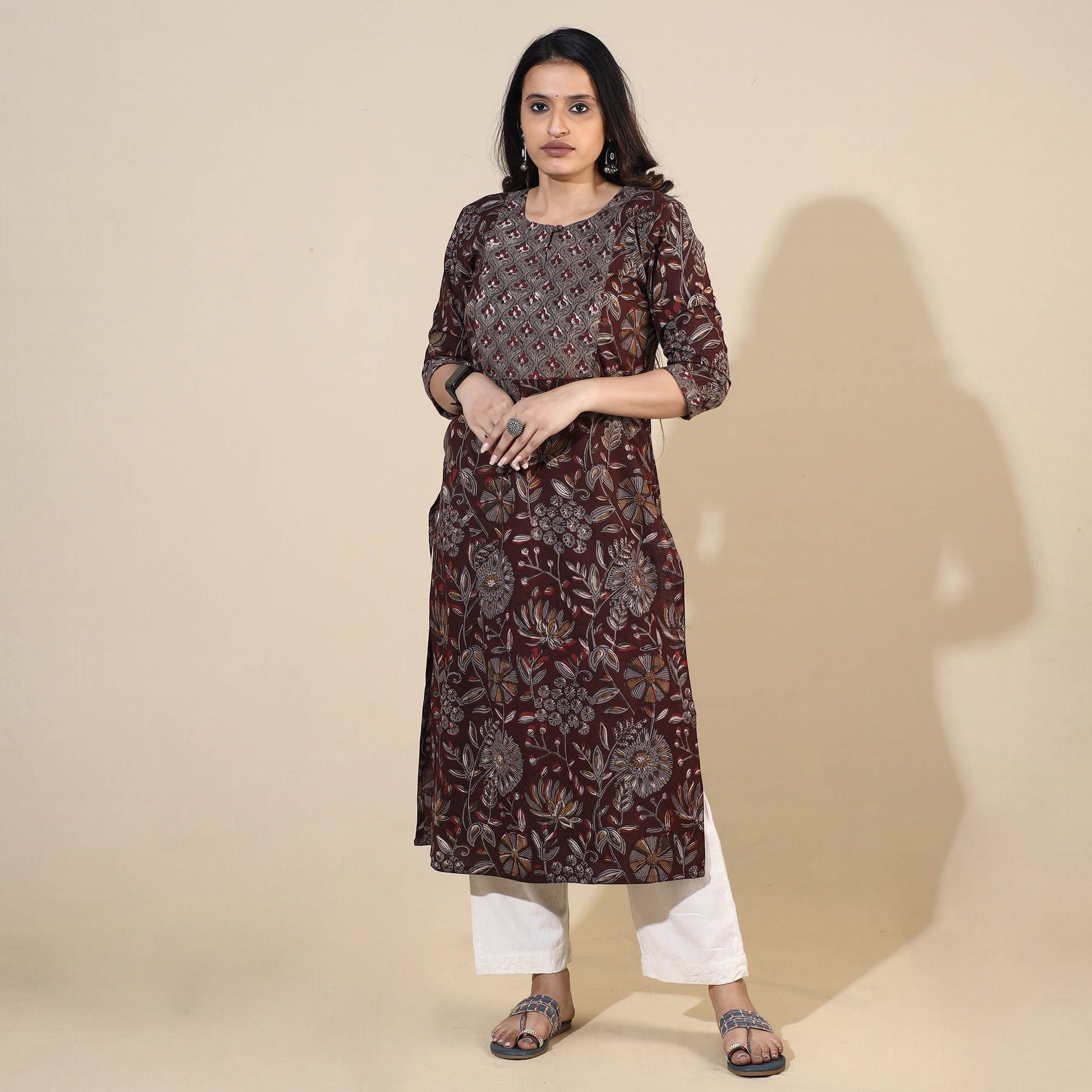 Brown - Bagru Hand Block Printed Cotton Straight Long Kurta