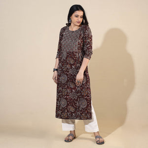 Brown - Bagru Hand Block Printed Cotton Straight Long Kurta