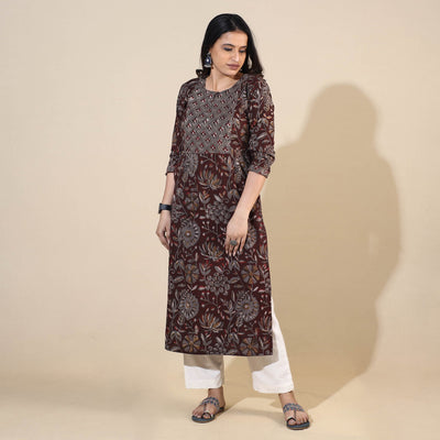 Brown - Bagru Hand Block Printed Cotton Straight Long Kurta