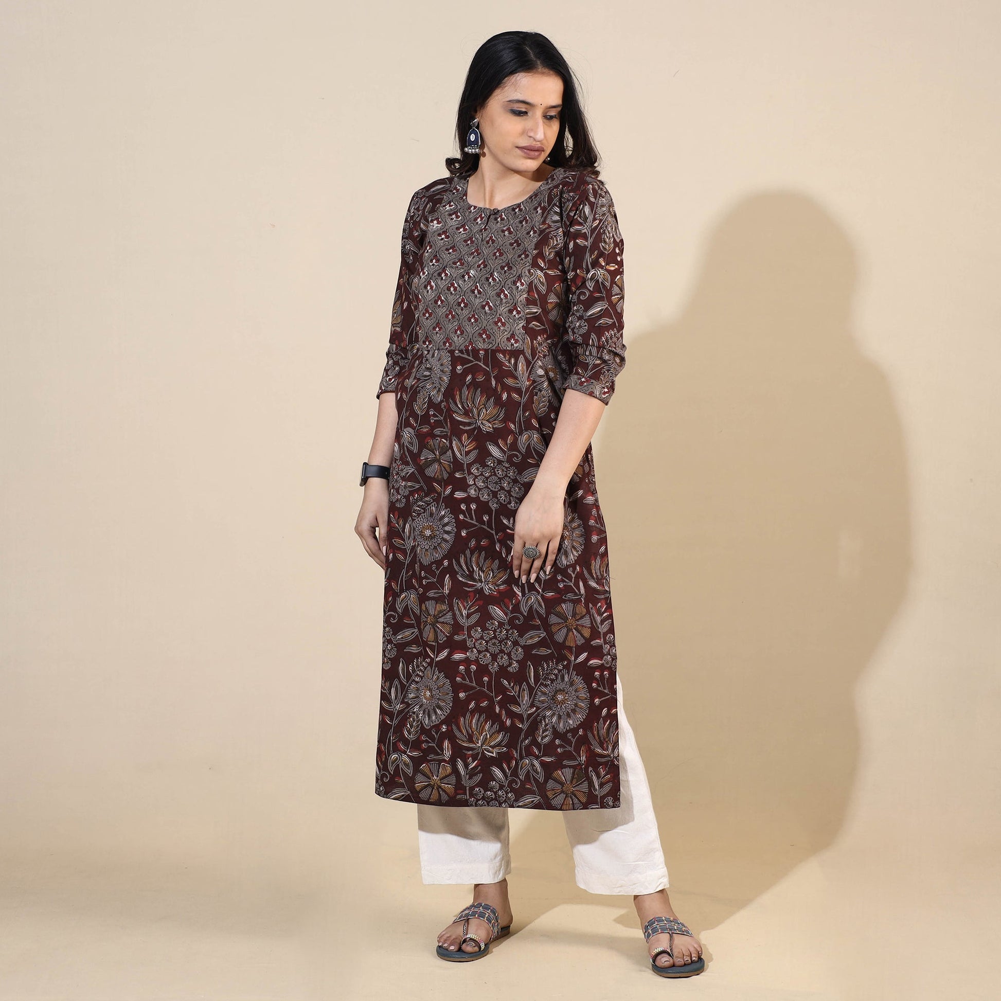 Brown - Bagru Hand Block Printed Cotton Straight Long Kurta