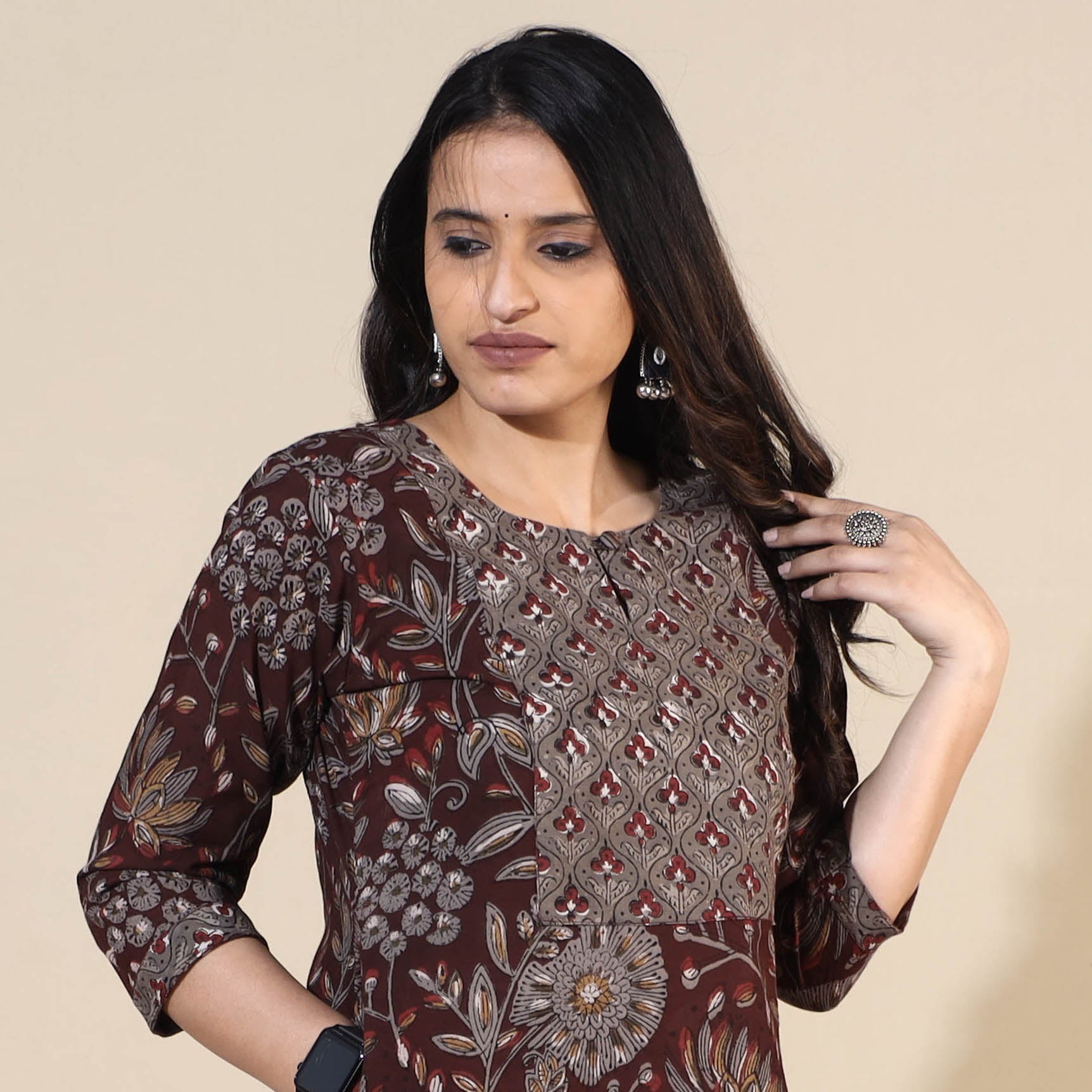 Brown - Bagru Hand Block Printed Cotton Straight Long Kurta