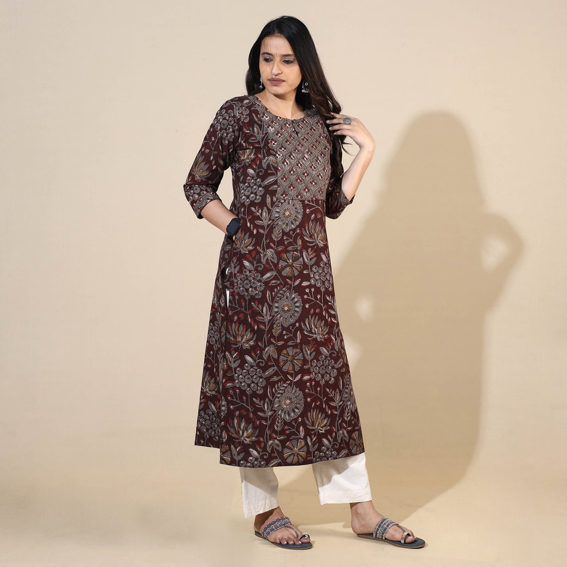 Brown - Bagru Hand Block Printed Cotton Straight Long Kurta