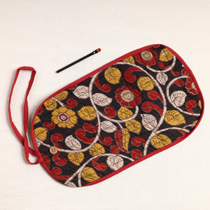 Black - Kalamkari Fabric Multipurpose Segmented Make-up Brush Wrap Pouch/Case