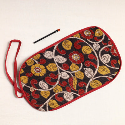 Black - Kalamkari Fabric Multipurpose Segmented Make-up Brush Wrap Pouch/Case