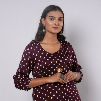 Brown - Bandhani Tie-dye Modal Silk Long Straight Kurta