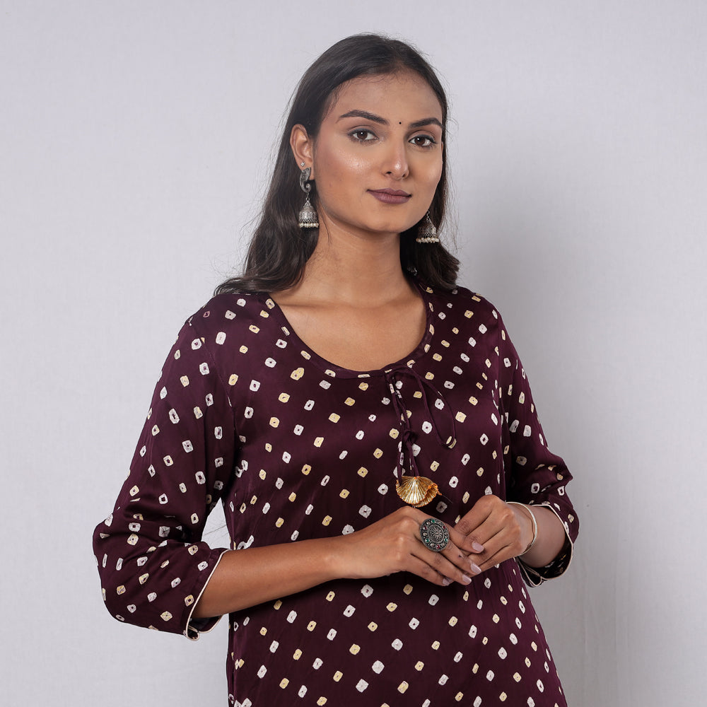 Brown - Bandhani Tie-dye Modal Silk Long Straight Kurta