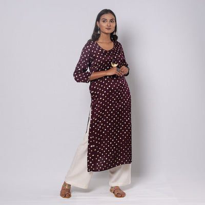 Brown - Bandhani Tie-dye Modal Silk Long Straight Kurta