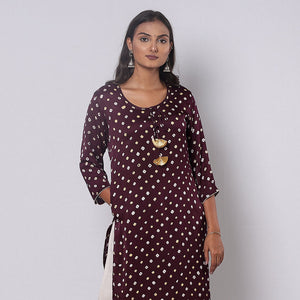 Brown - Bandhani Tie-dye Modal Silk Long Straight Kurta