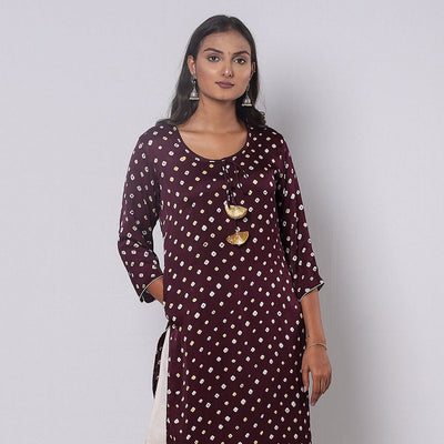 Brown - Bandhani Tie-dye Modal Silk Long Straight Kurta