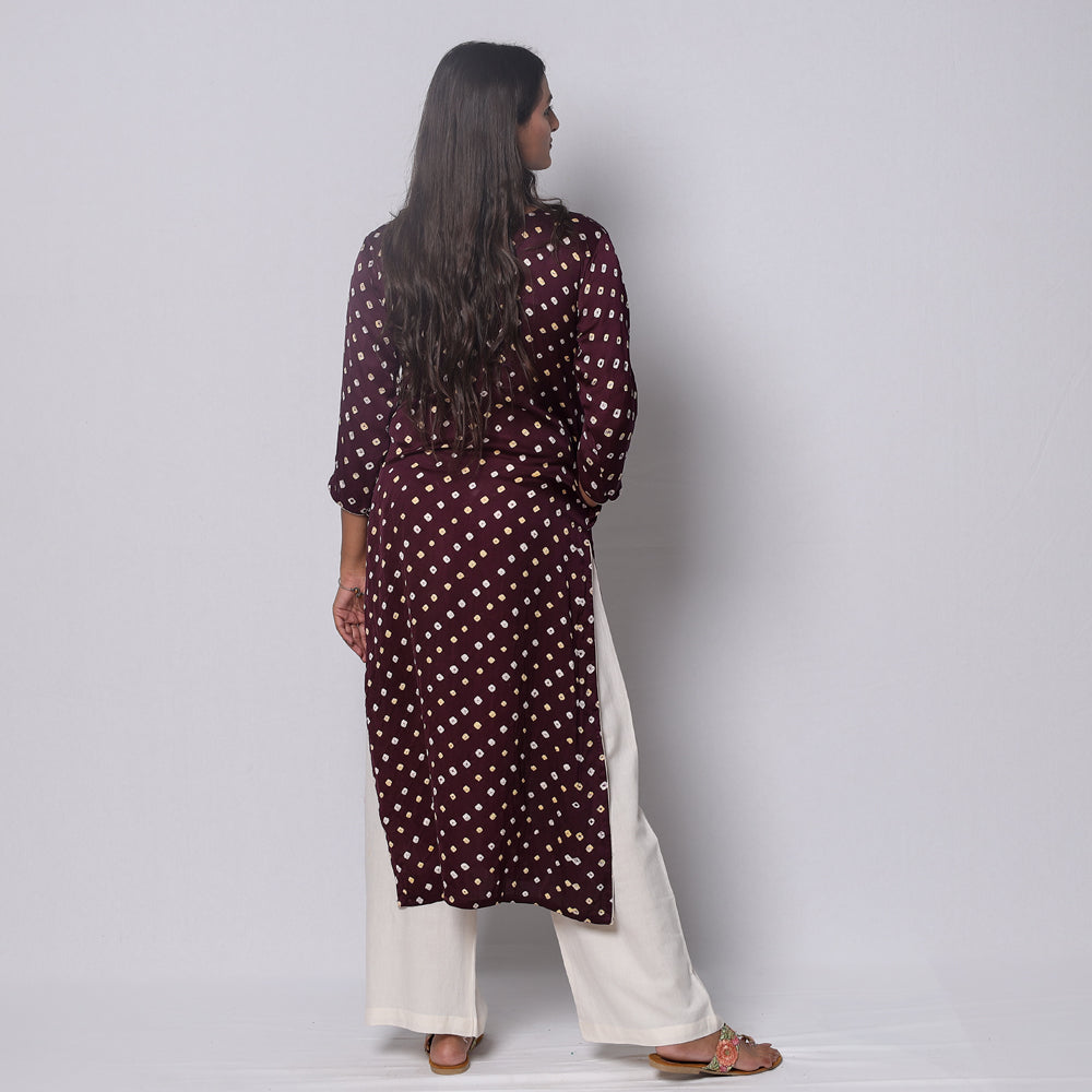Brown - Bandhani Tie-dye Modal Silk Long Straight Kurta