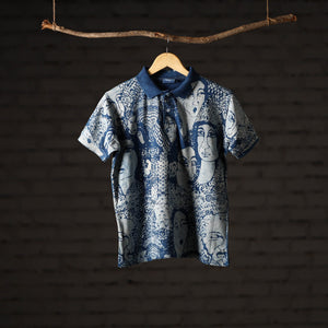 Blue - Bindaas Natural Dyed Art Block Print Unisex Polo Collar T-shirt in Cotton