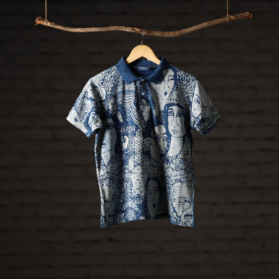 Blue - Bindaas Natural Dyed Art Block Print Unisex Polo Collar T-shirt in Cotton