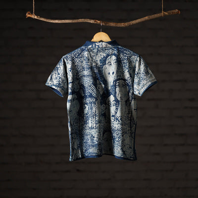 Blue - Bindaas Natural Dyed Art Block Print Unisex Polo Collar T-shirt in Cotton