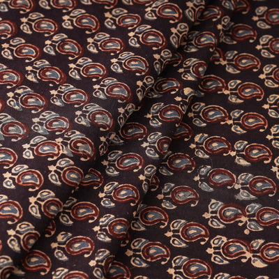 Black - Tiny Leafy Paisley Ajrakh Block Printed Cotton Fabric