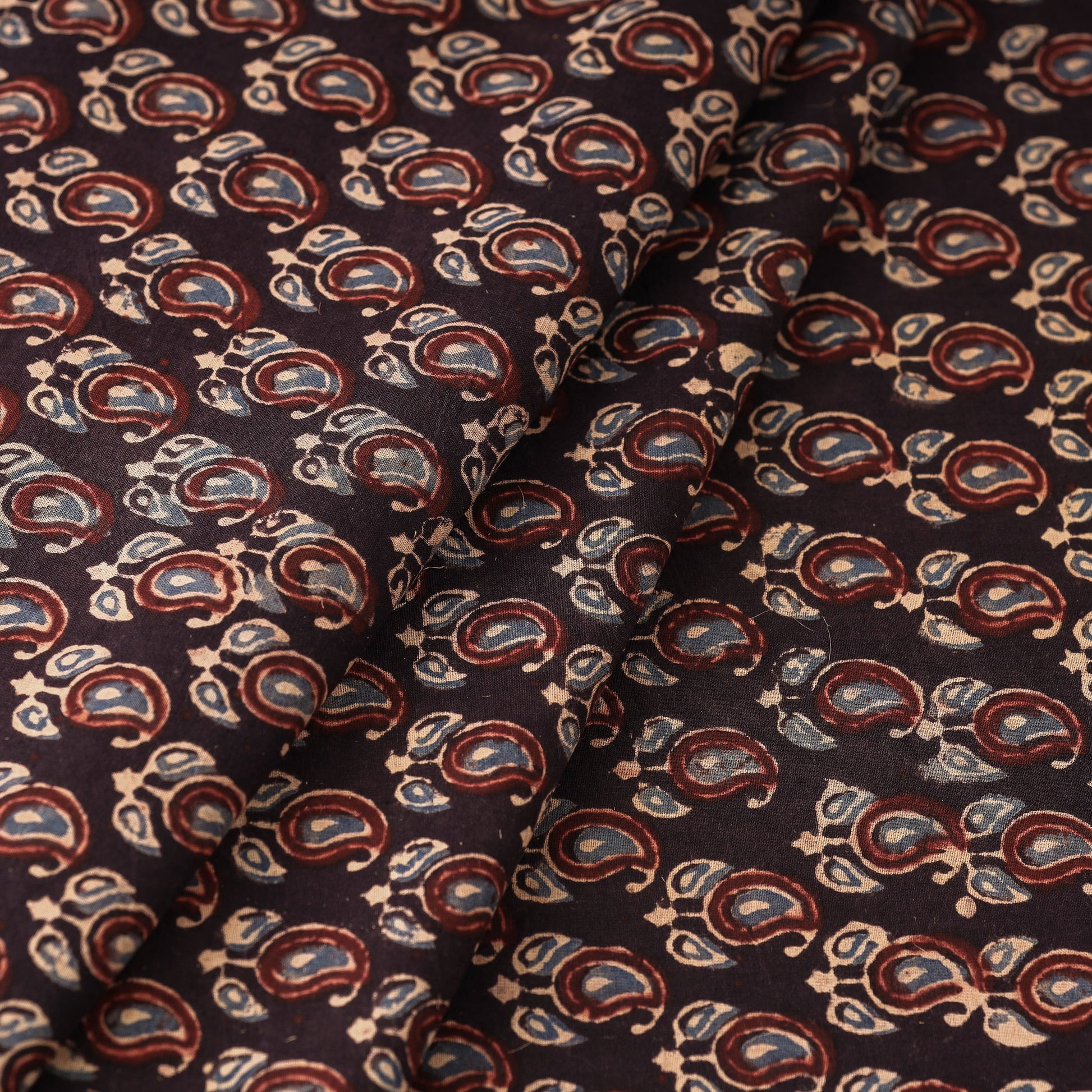 Black - Tiny Leafy Paisley Ajrakh Block Printed Cotton Fabric