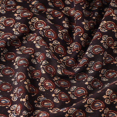 Black - Tiny Leafy Paisley Ajrakh Block Printed Cotton Fabric