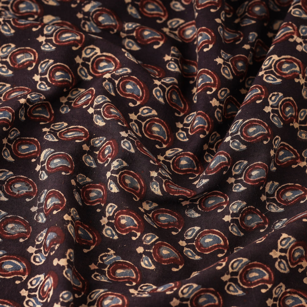 Black - Tiny Leafy Paisley Ajrakh Block Printed Cotton Fabric