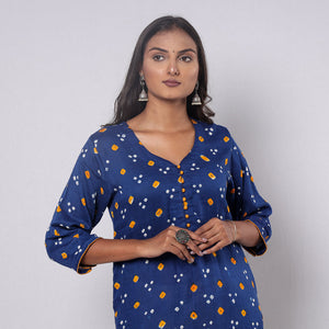 Blue - Bandhani Tie-dye Cotton Long Straight kurta