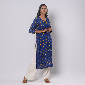 Blue - Bandhani Tie-dye Cotton Long Straight kurta