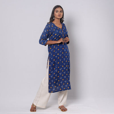 Blue - Bandhani Tie-dye Cotton Long Straight kurta