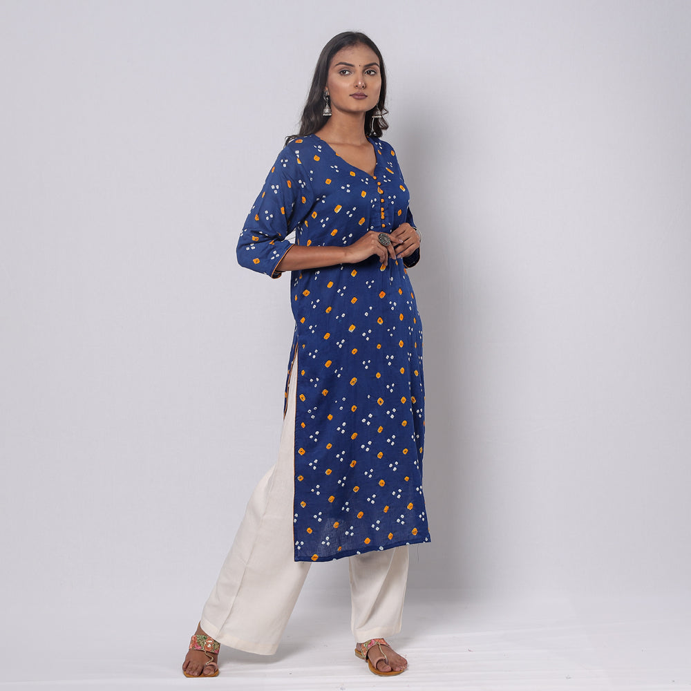 Blue - Bandhani Tie-dye Cotton Long Straight kurta