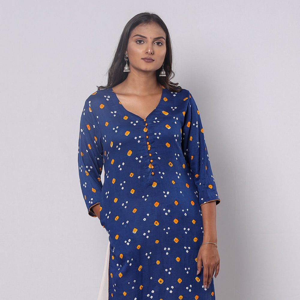 Blue - Bandhani Tie-dye Cotton Long Straight kurta