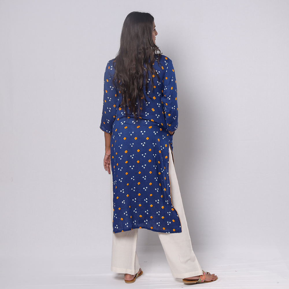 Blue - Bandhani Tie-dye Cotton Long Straight kurta
