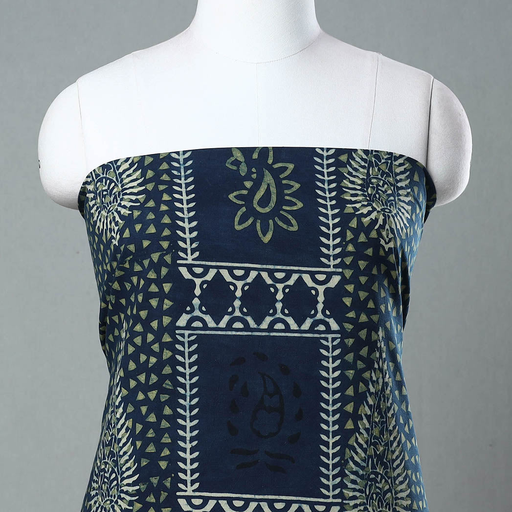 Blue - Ajrakh Block Printed Cotton Kurta Material - 3 meter