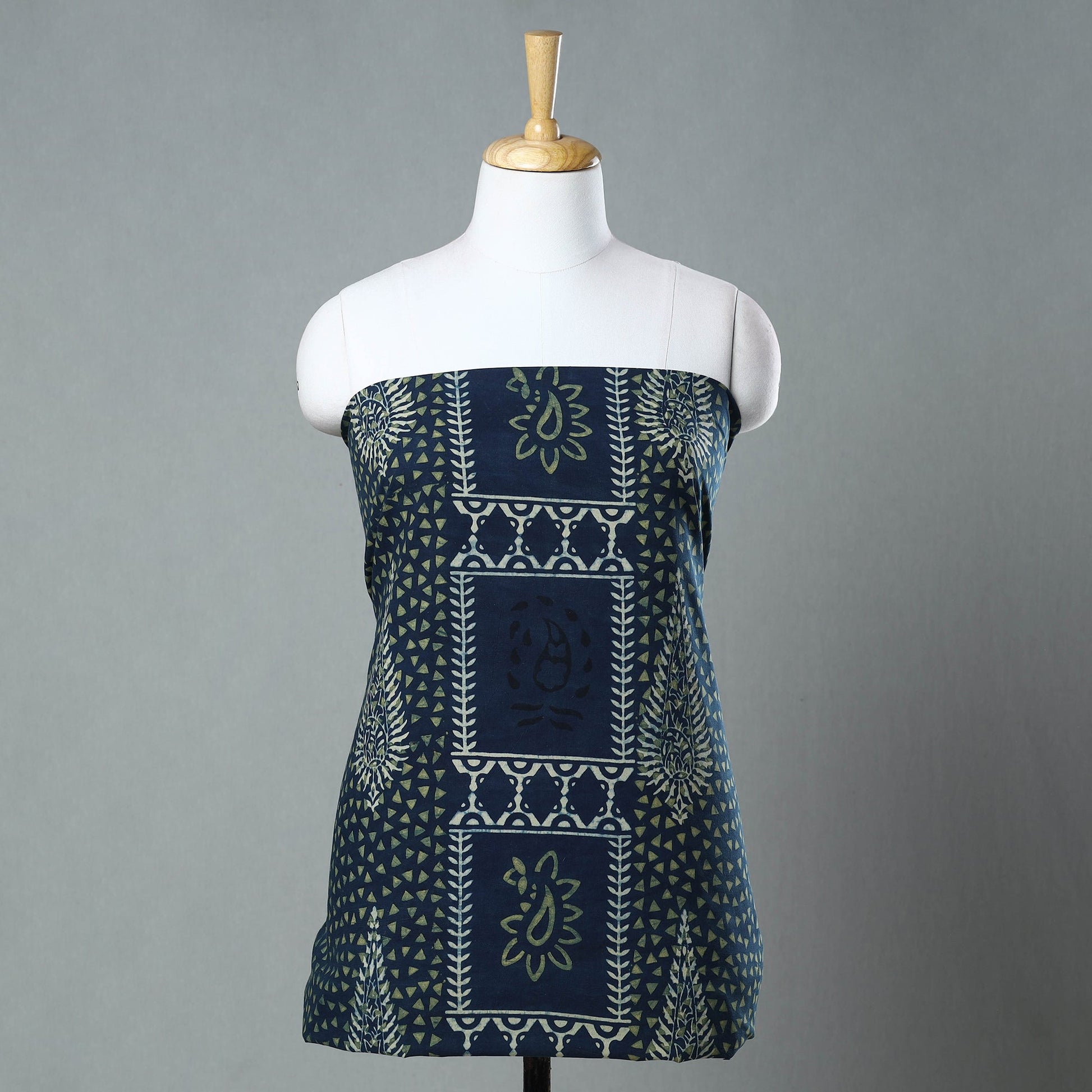 Blue - Ajrakh Block Printed Cotton Kurta Material - 3 meter