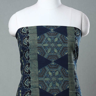 Blue - Ajrakh Block Printed Cotton Kurta Material - 3 meter