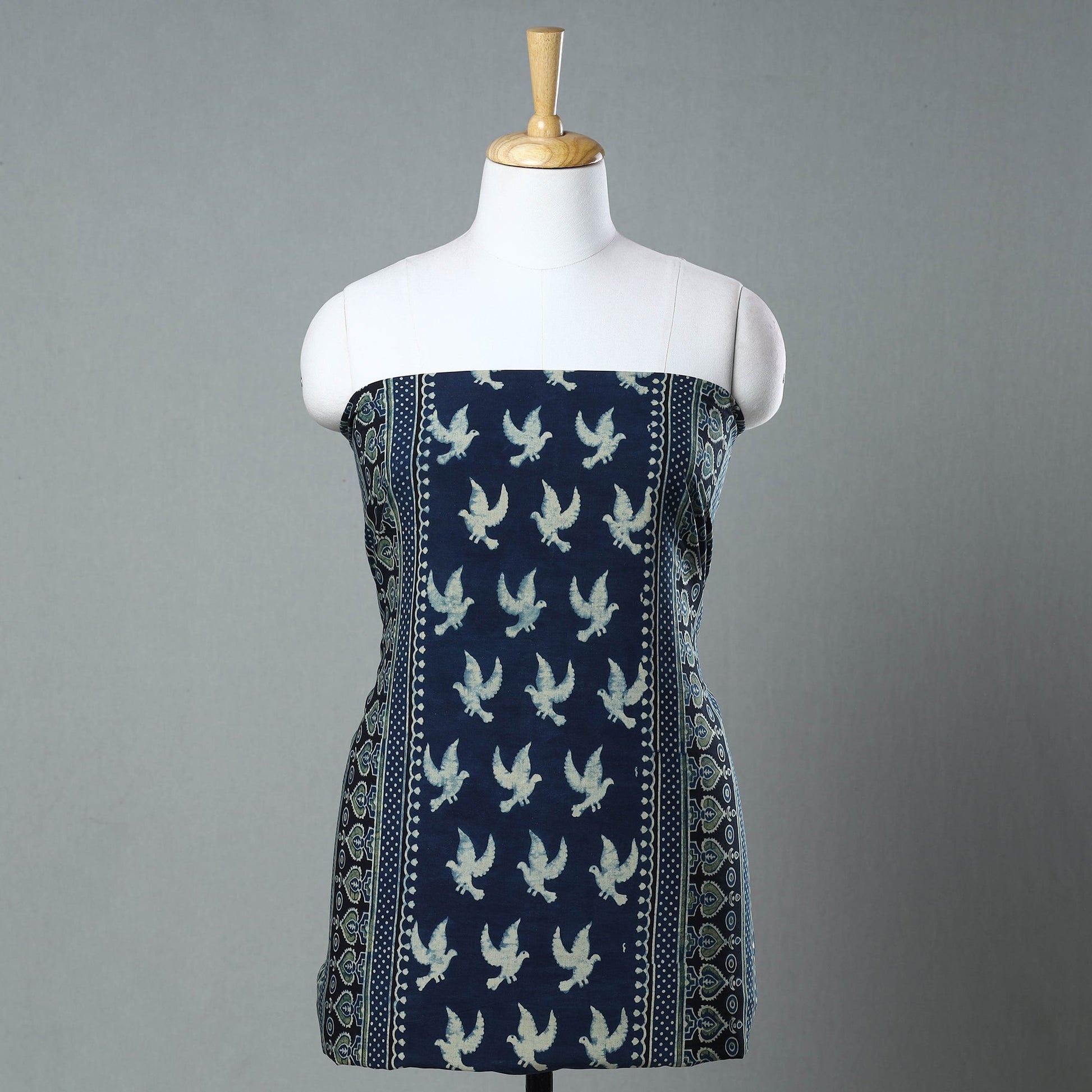 Blue - Ajrakh Block Printed Cotton Kurta Material - 3 meter