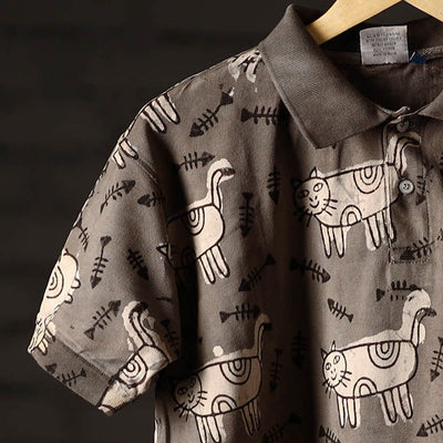 Brown - Bindaas Block Art Printed Cotton Unisex Polo Collar T-shirt 69